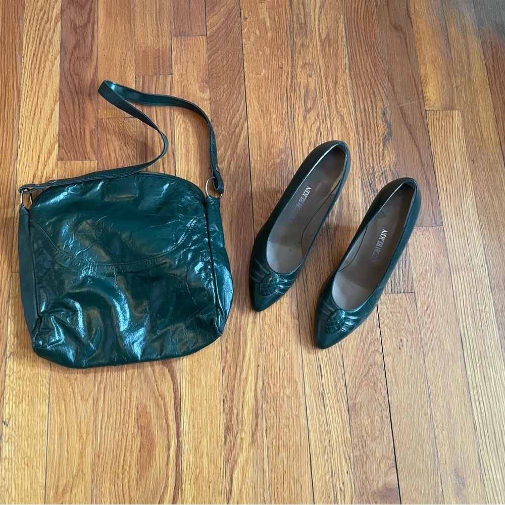 Vintage Dark Green Leather Heels & bag